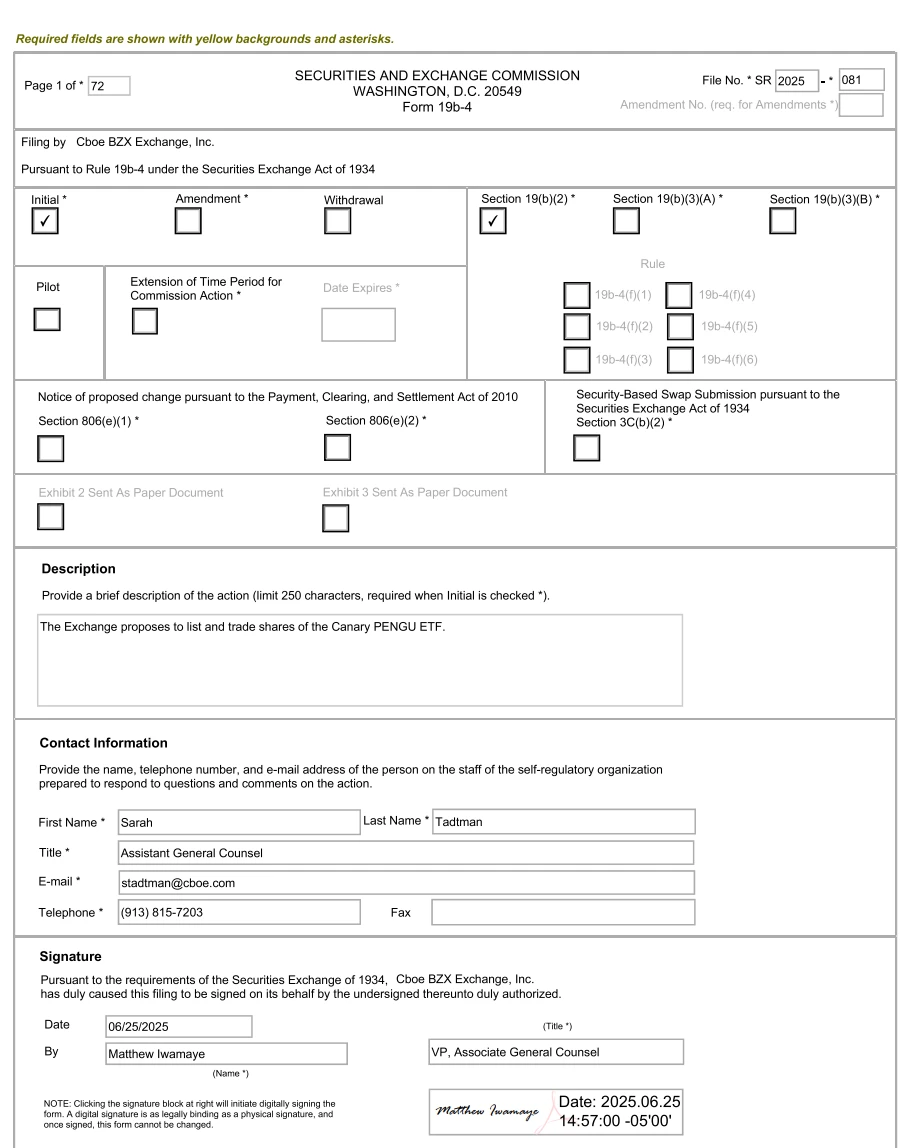  Cboe交易所向SEC提交Canary PENGU ETF 19b-4文件