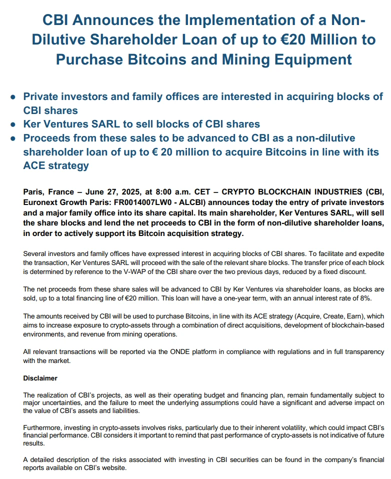  法国上市公司CBI启动2000万欧元股东贷款计划布局加密资产