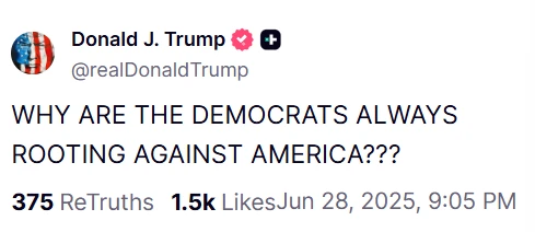  特朗普社交平台发文质疑民主党立场