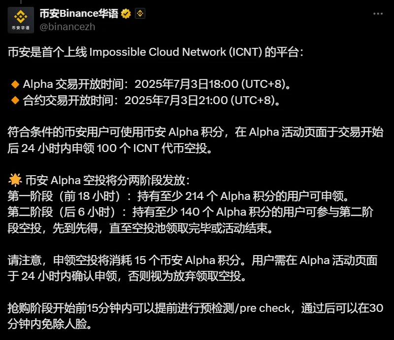  币安上线Impossible Cloud Network (ICNT) 首推分阶段空投机制