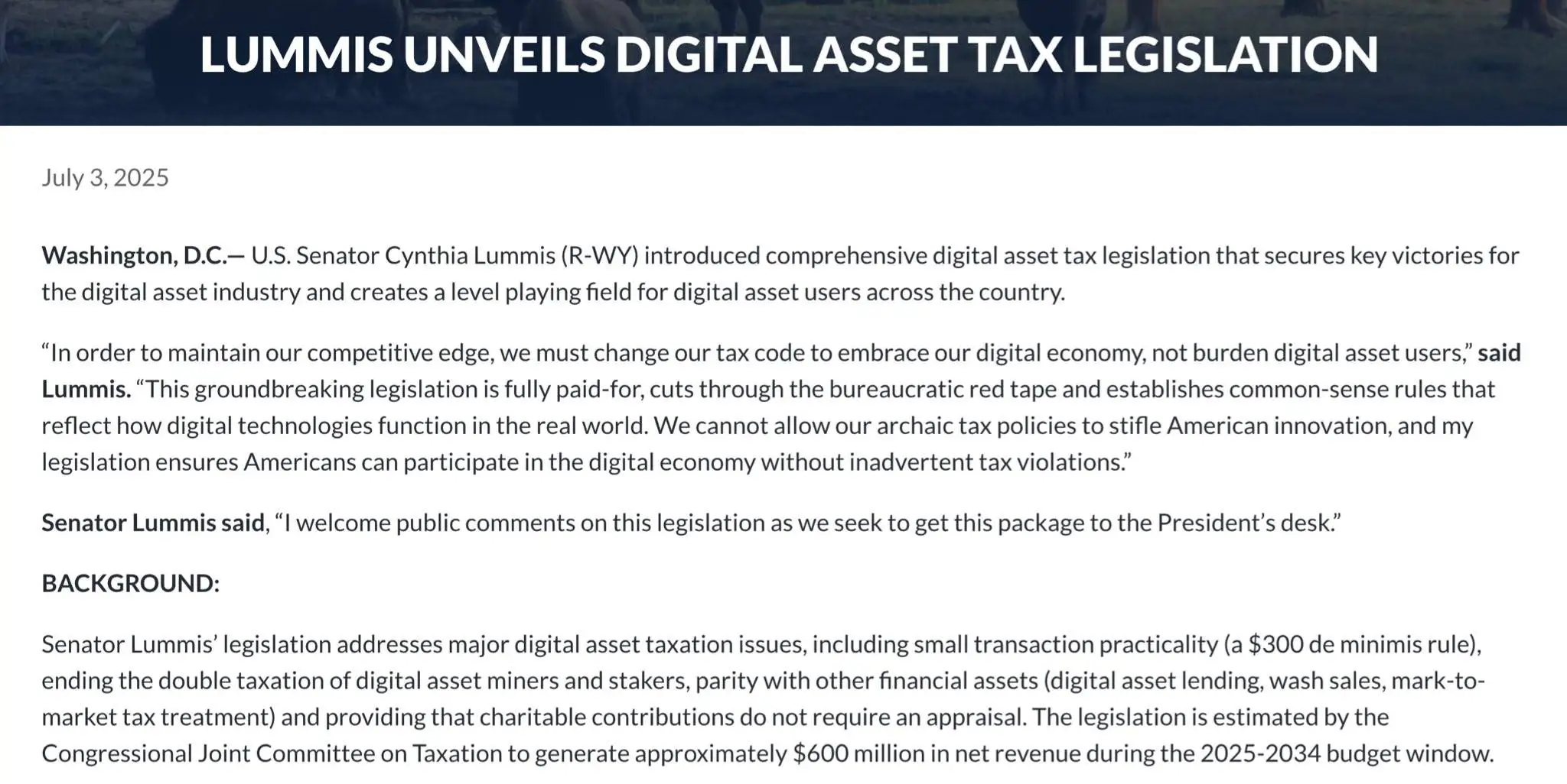  美国参议员 Lummis 提交数字资产税收改革立法草案