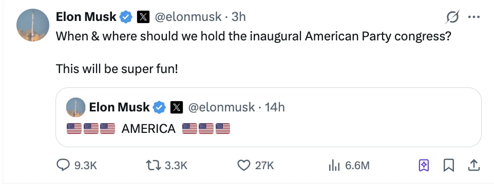  马斯克提议成立“美国党”并征询首次大会时间地点