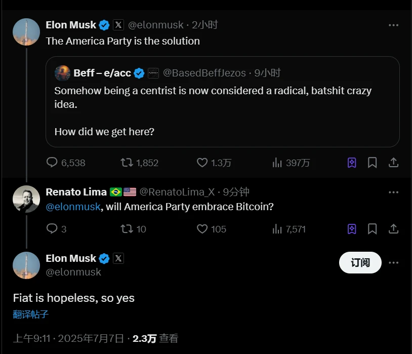  马斯克称美国主要政党将接纳比特币 法币体系面临挑战