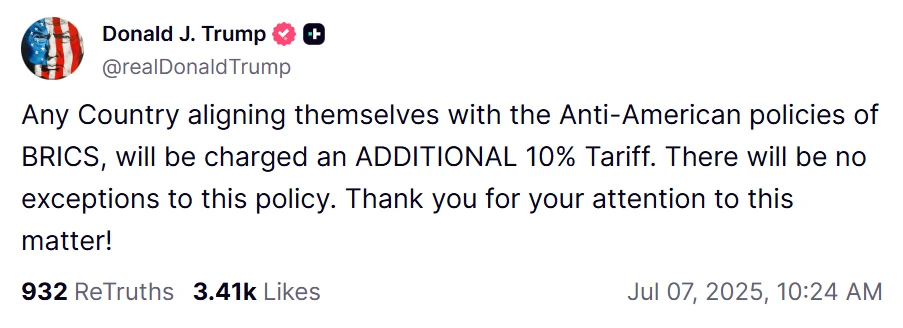  特朗普威胁对支持金砖反美政策国家加征10%关税