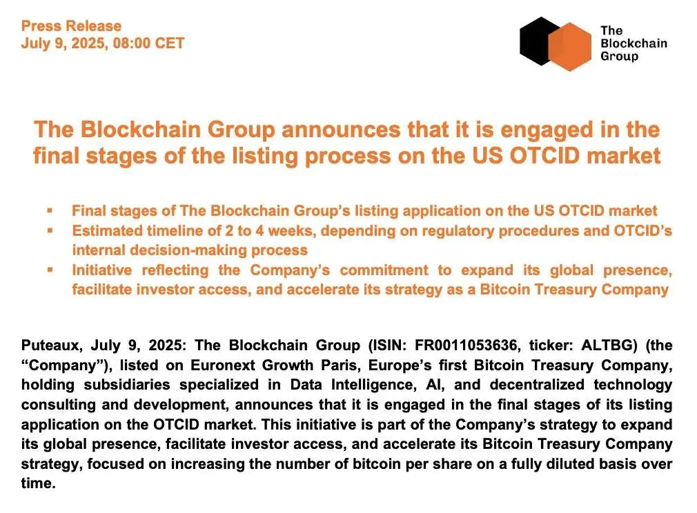  The Blockchain Group 计划两周内完成美国OTCID市场上市流程