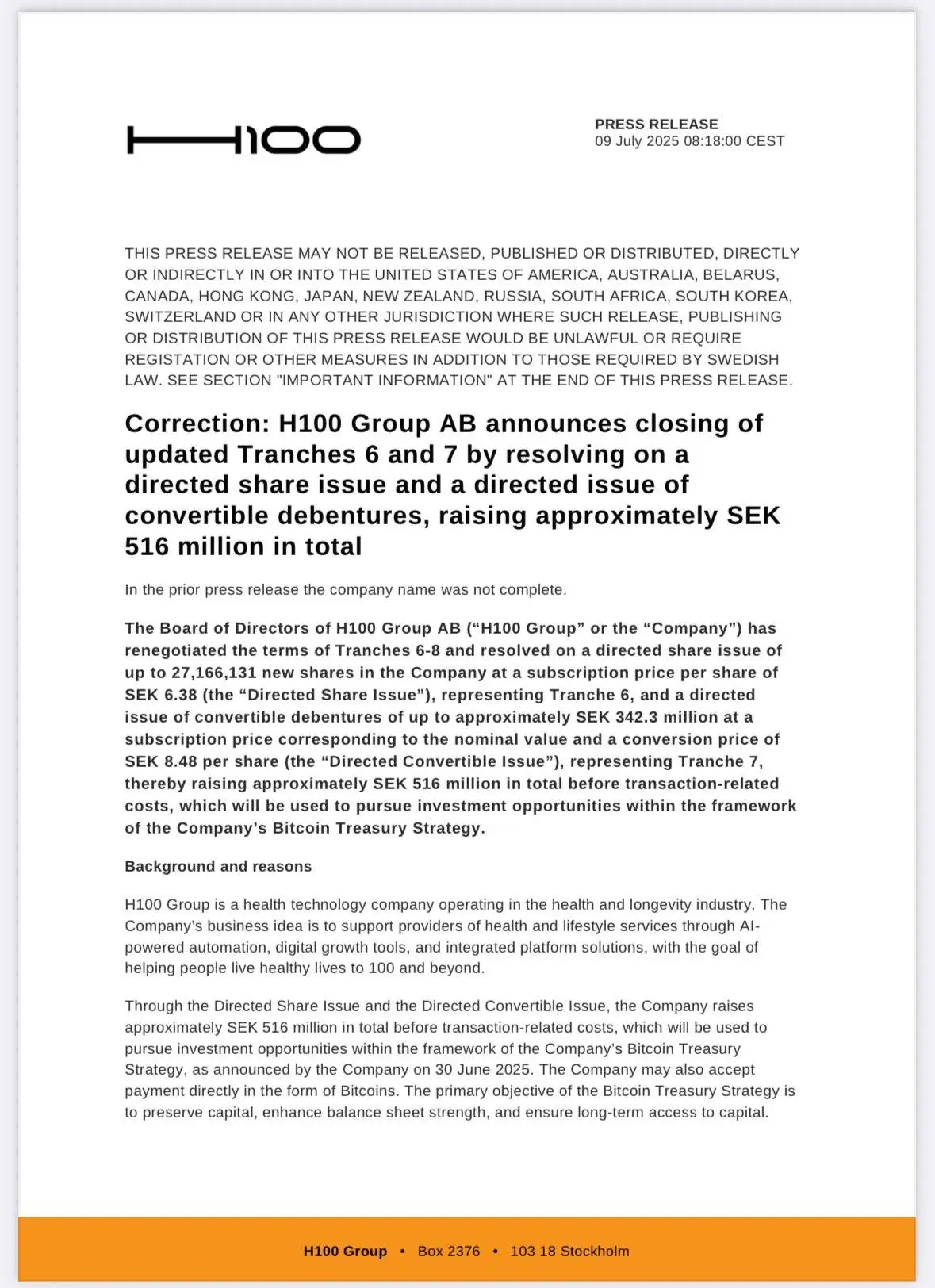  瑞典上市公司 H100 Group 完成 5.16 亿瑞典克朗融资 拟用于比特币储备投资