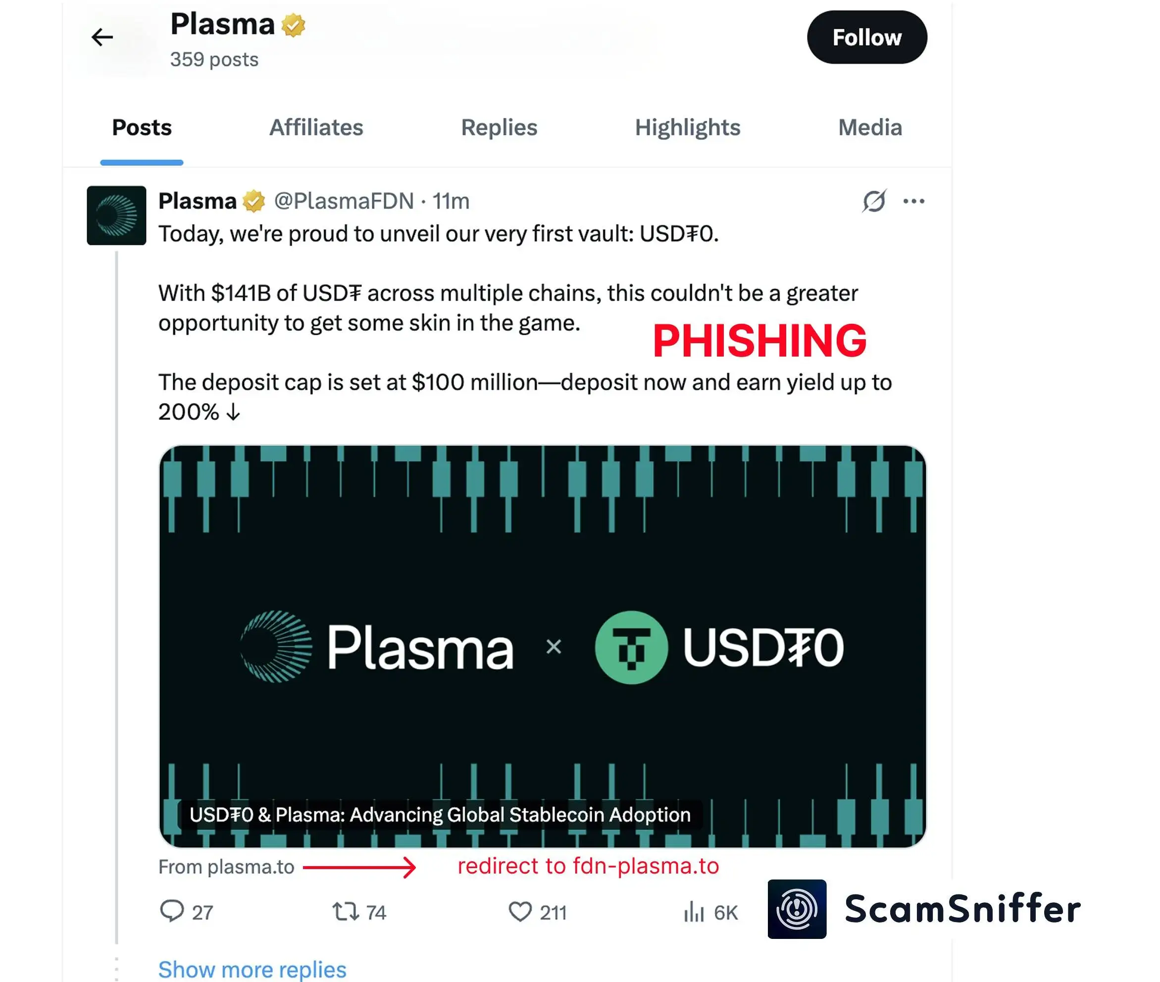  Scam Sniffer 报告 Plasma X 账户遭入侵并传播钓鱼推文