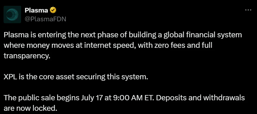  Plasma发布XPL代币公开发售时间表