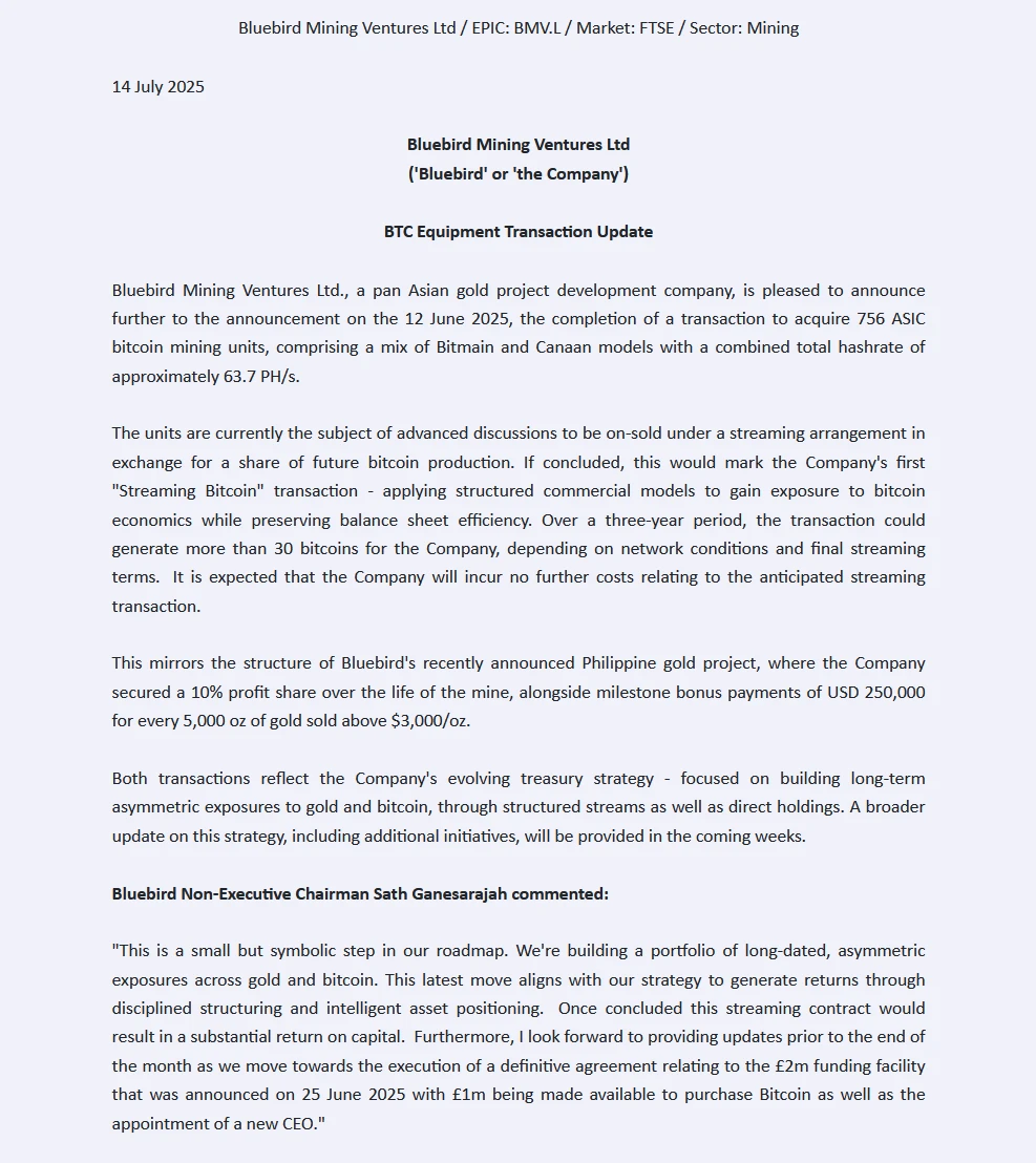  英国上市公司 Bluebird Mining 收购 756 台 ASIC 矿机拓展比特币挖矿业务