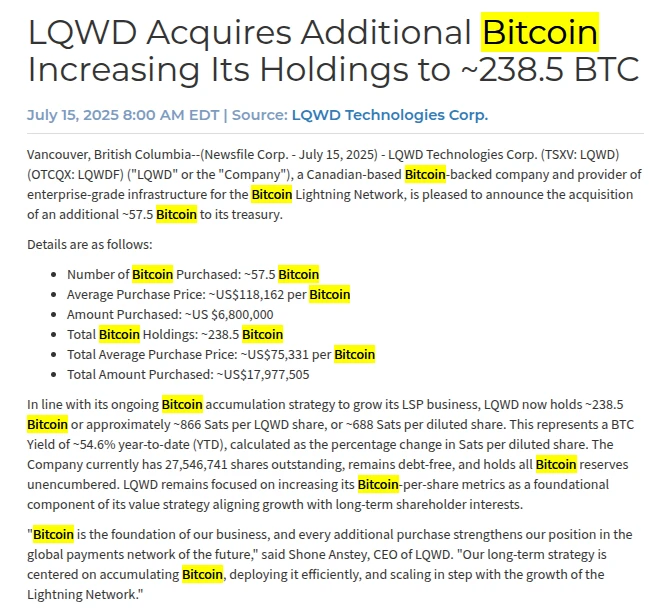  加拿大LQWD Technologies增持57.5枚BTC 总持仓达238.5枚