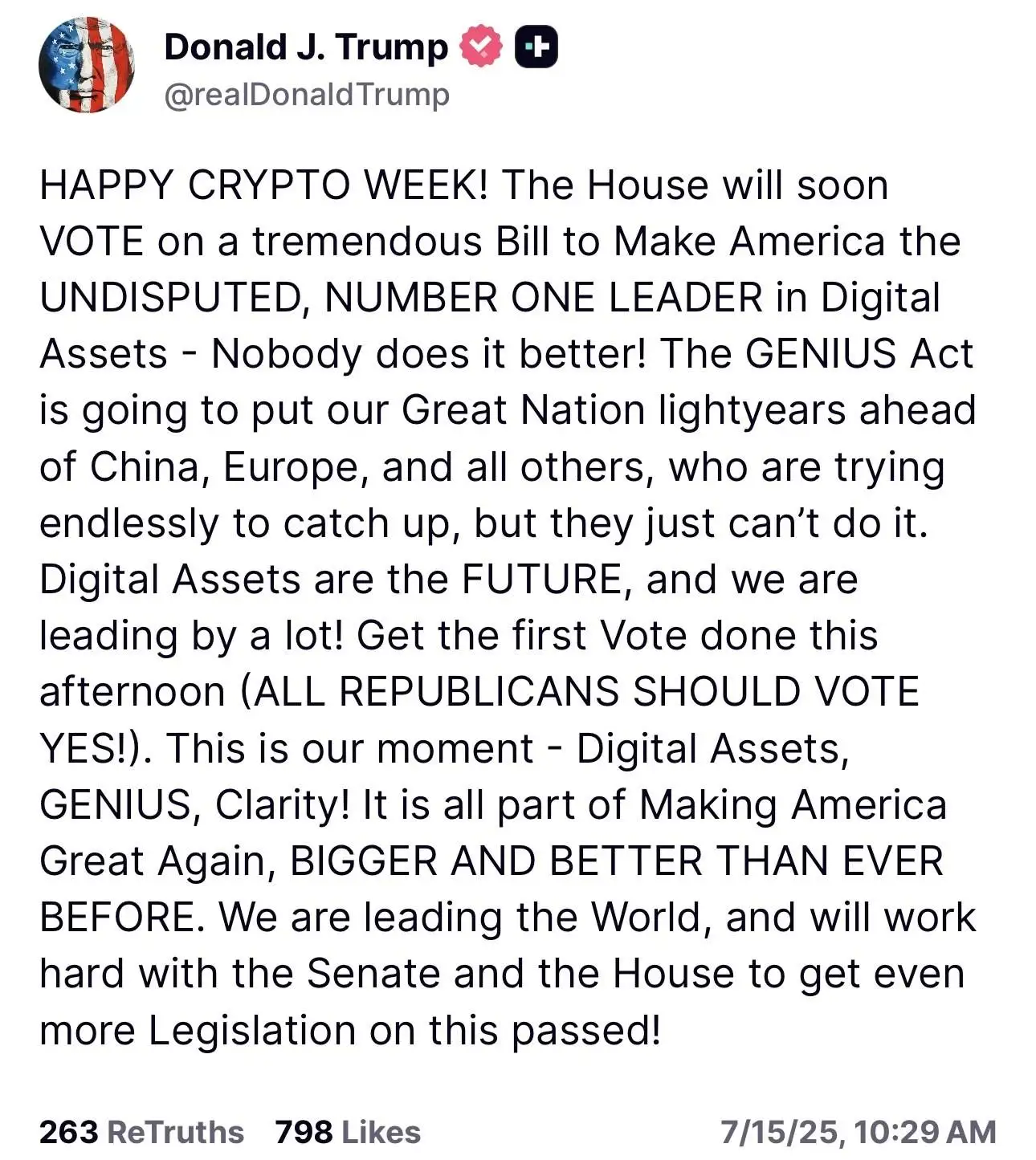  特朗普呼吁支持GENIUS Act法案以巩固美国数字资产领先地位
