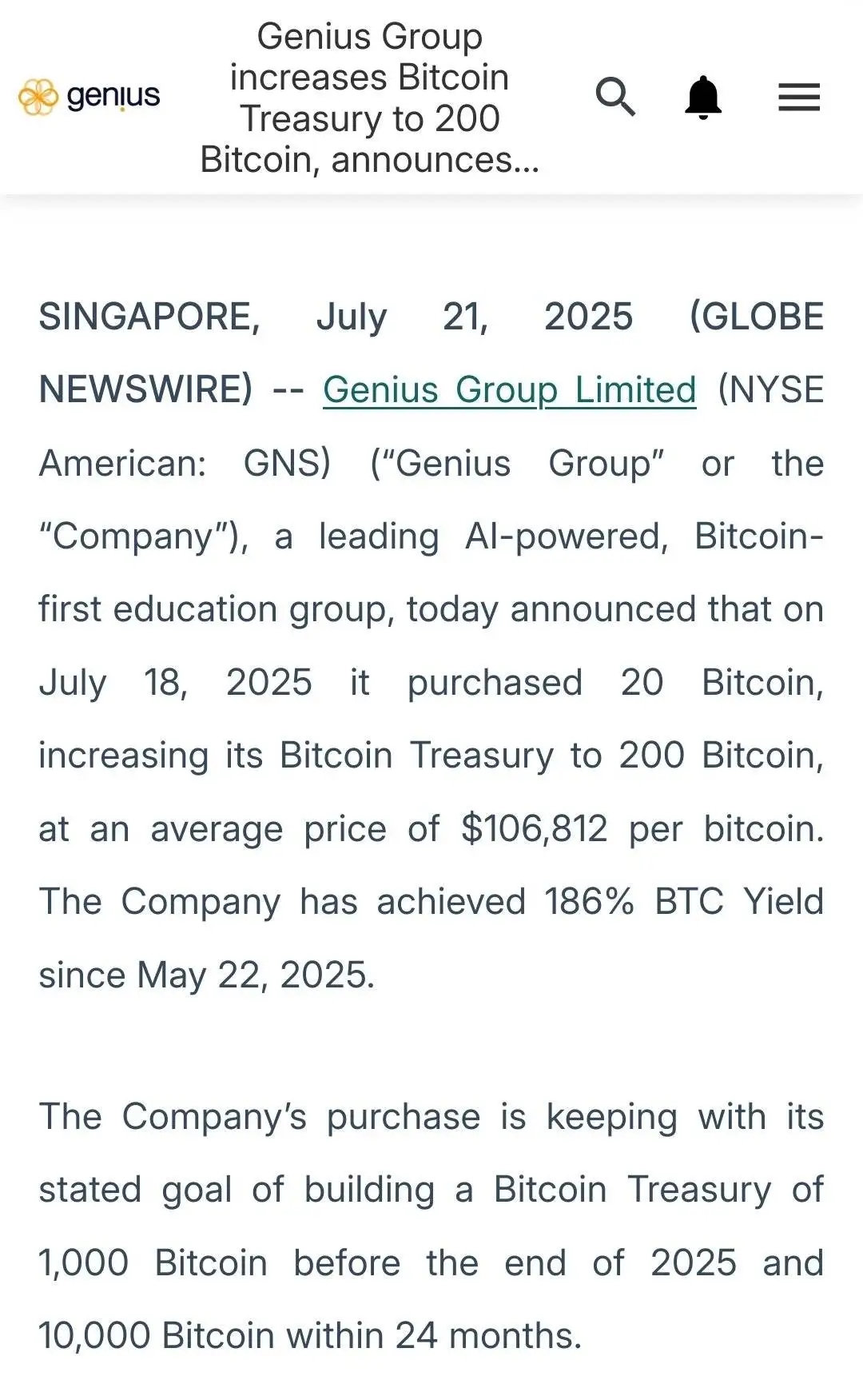  Genius Group 增持 20 枚比特币 总持仓达 200 枚