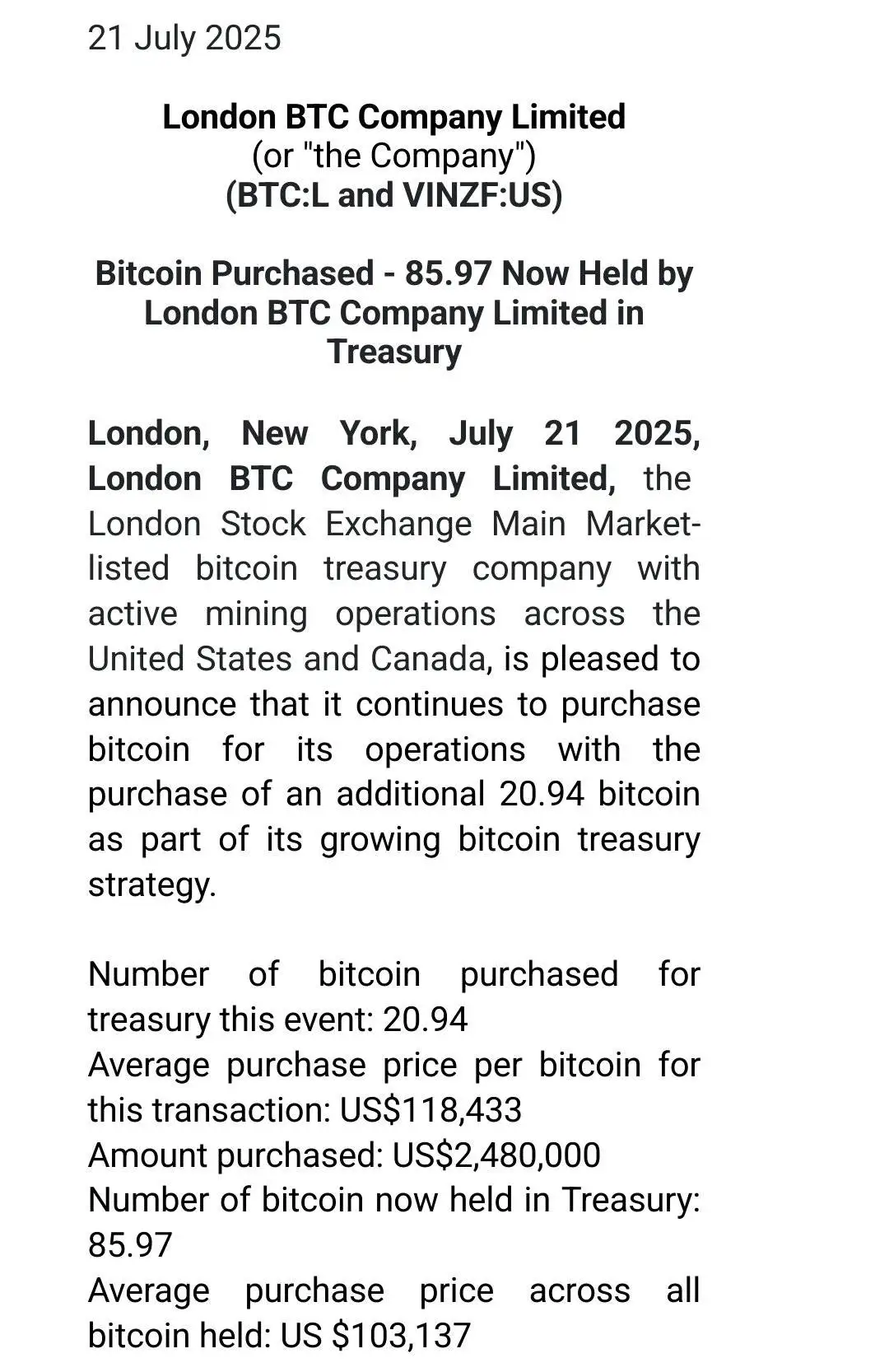  英国上市公司 London BTC Company 增持20.94枚BTC 持仓总量增至85.97枚