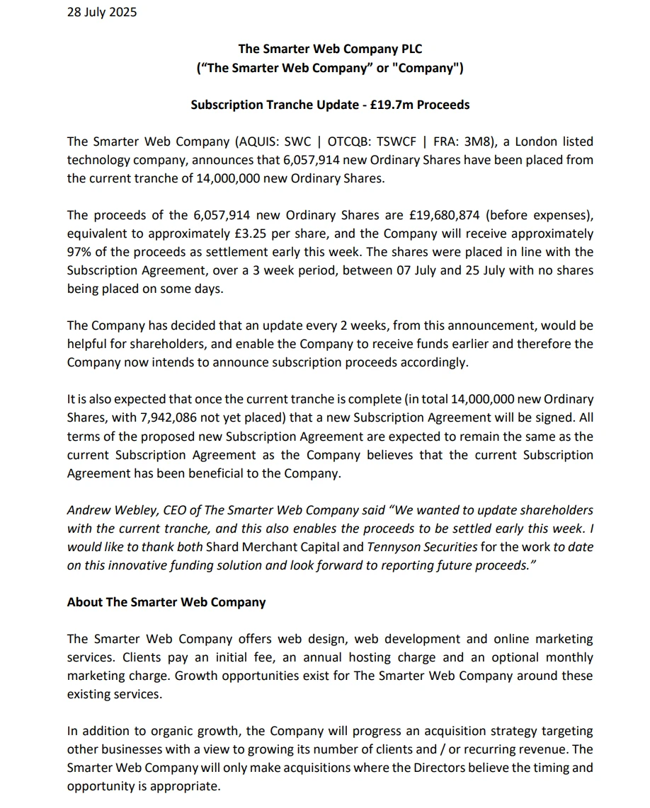  伦敦上市公司The Smarter Web Company完成新股配售并采用比特币财库策略