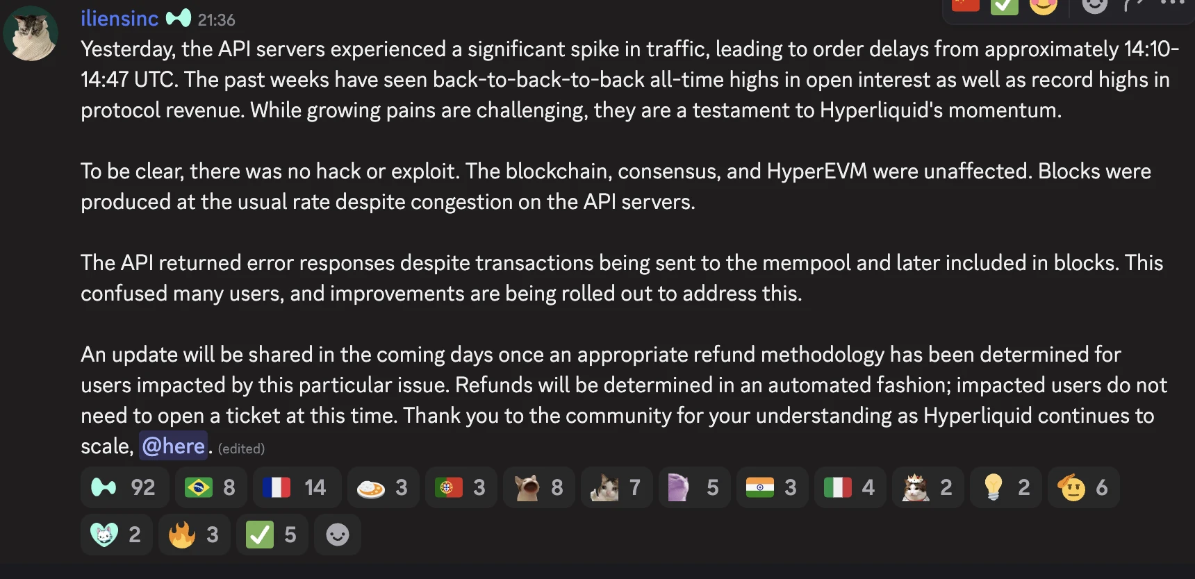  Hyperliquid API服务器遭遇流量高峰 区块链运行稳定补偿方案将启动