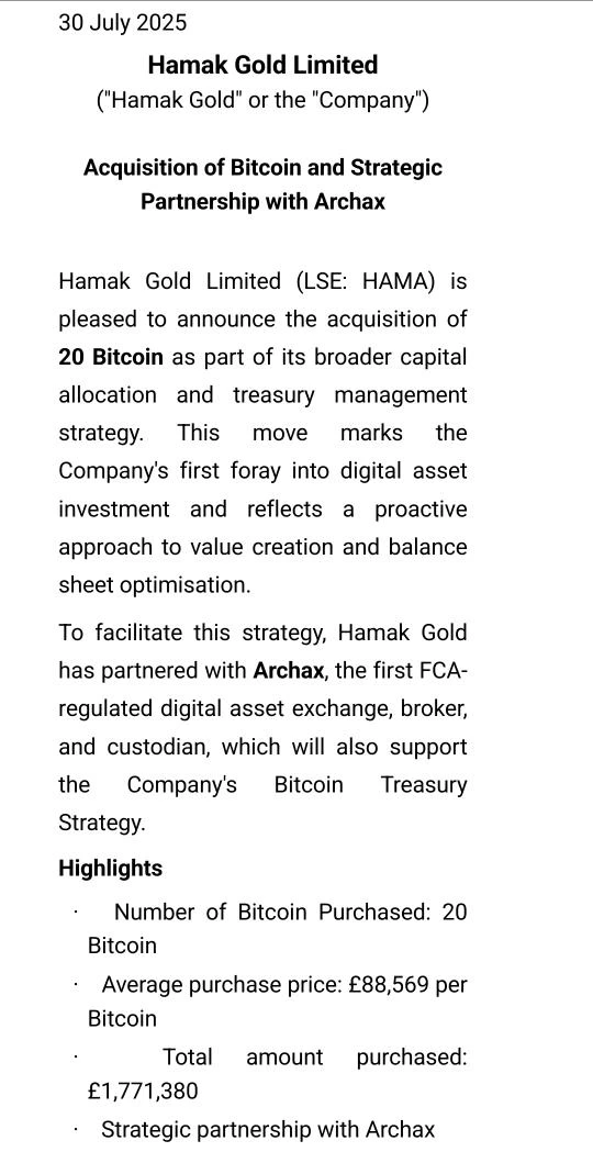  英国上市公司Hamak Gold Limited完成首笔20枚BTC采购