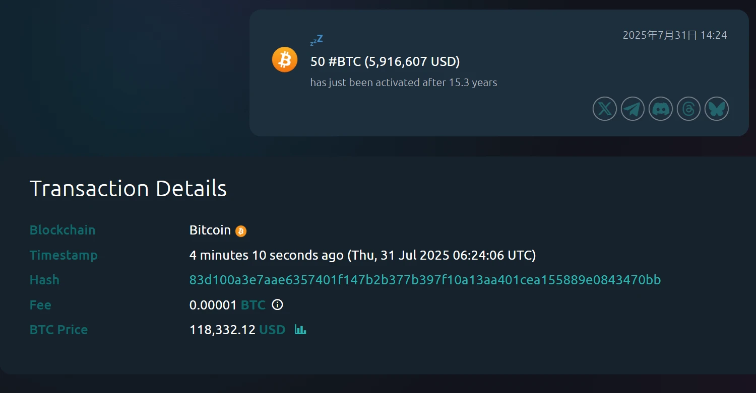  Whale Alert监测：沉睡15.3年比特币钱包地址被激活