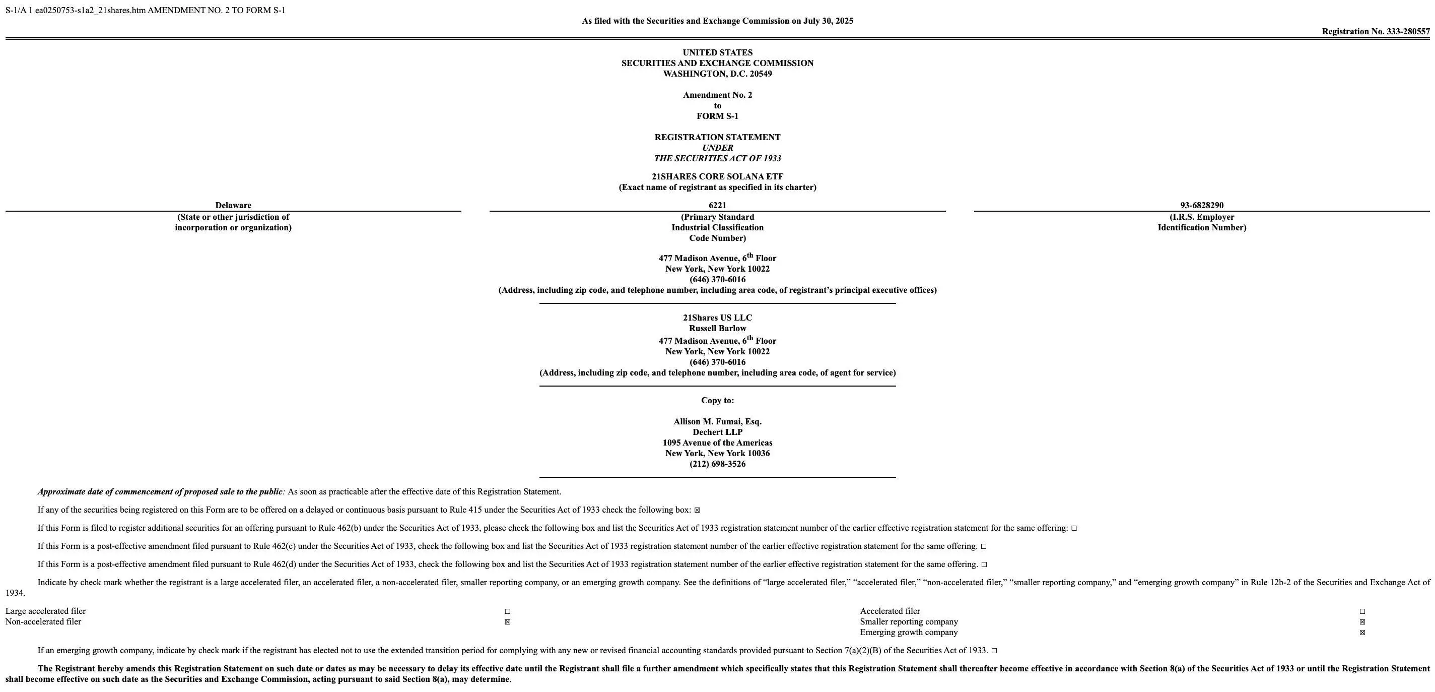  21Shares向SEC递交Solana ETF S-1修订申请