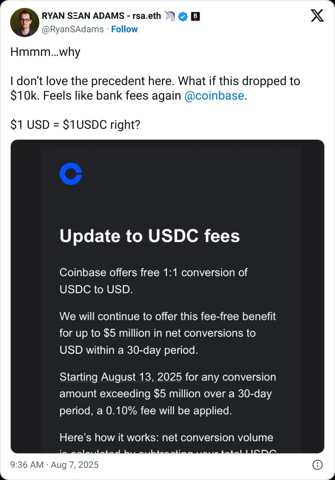  Coinbase将对大额USDC提现收取0.1%手续费 测试费用影响并遏制套利