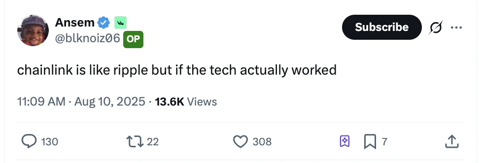  交易员Ansem：Chainlink技术验证有效，类Ripple特性引关注