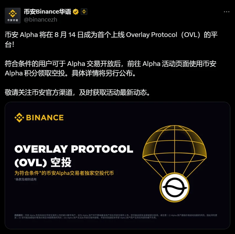  币安Alpha将于8月14日上线Overlay Protocol（OVL）