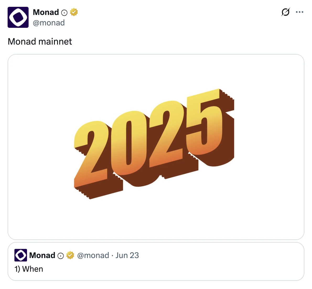  Monad主网预计2025年上线，官方推文暗示时间节点