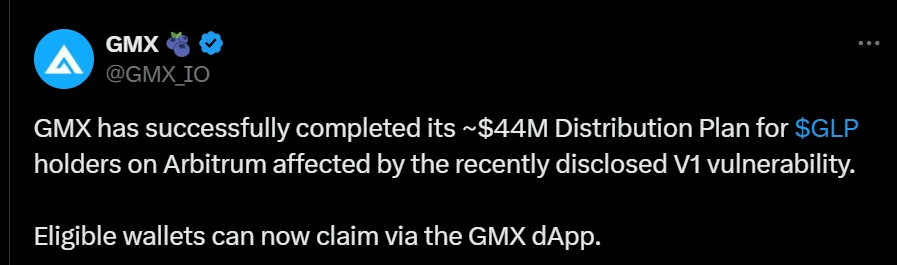 GMX完成V1漏洞补偿计划 4400万美元分配给Arbitrum GLP流动性提供者