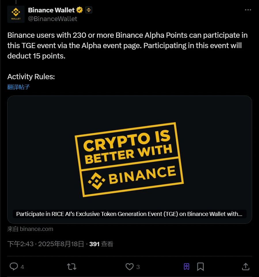  币安用户参与RiceAI代币发行活动需消耗15点积分