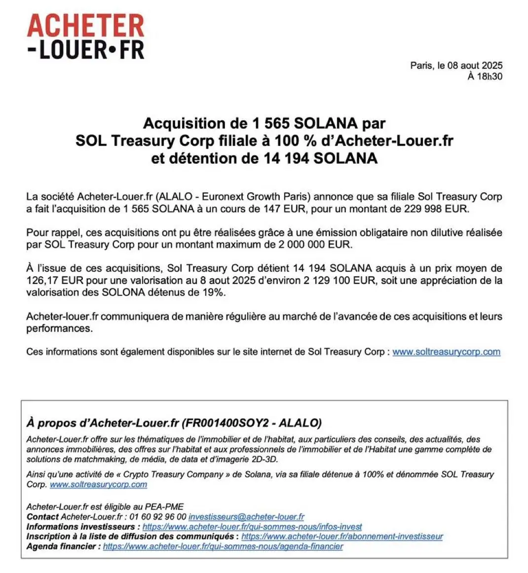  Acheter-Louer.fr子公司增持SOL至14,194枚，价值约270万美元