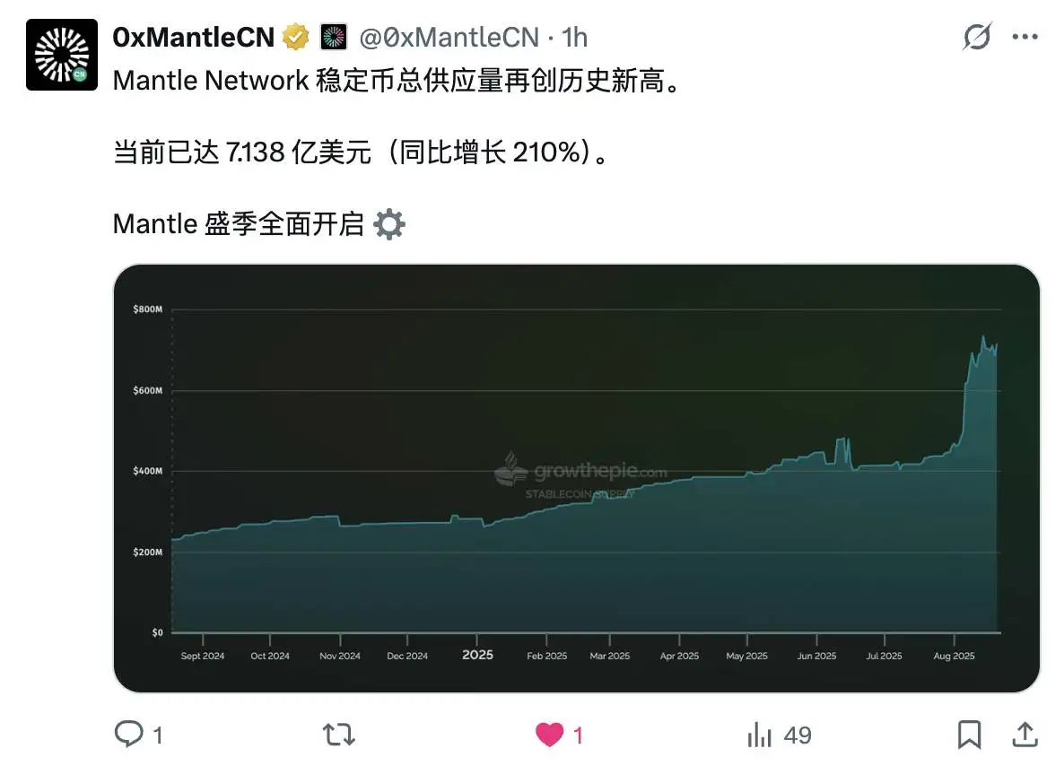  Mantle Network稳定币供应量突破7.138亿美元，同比激增210%