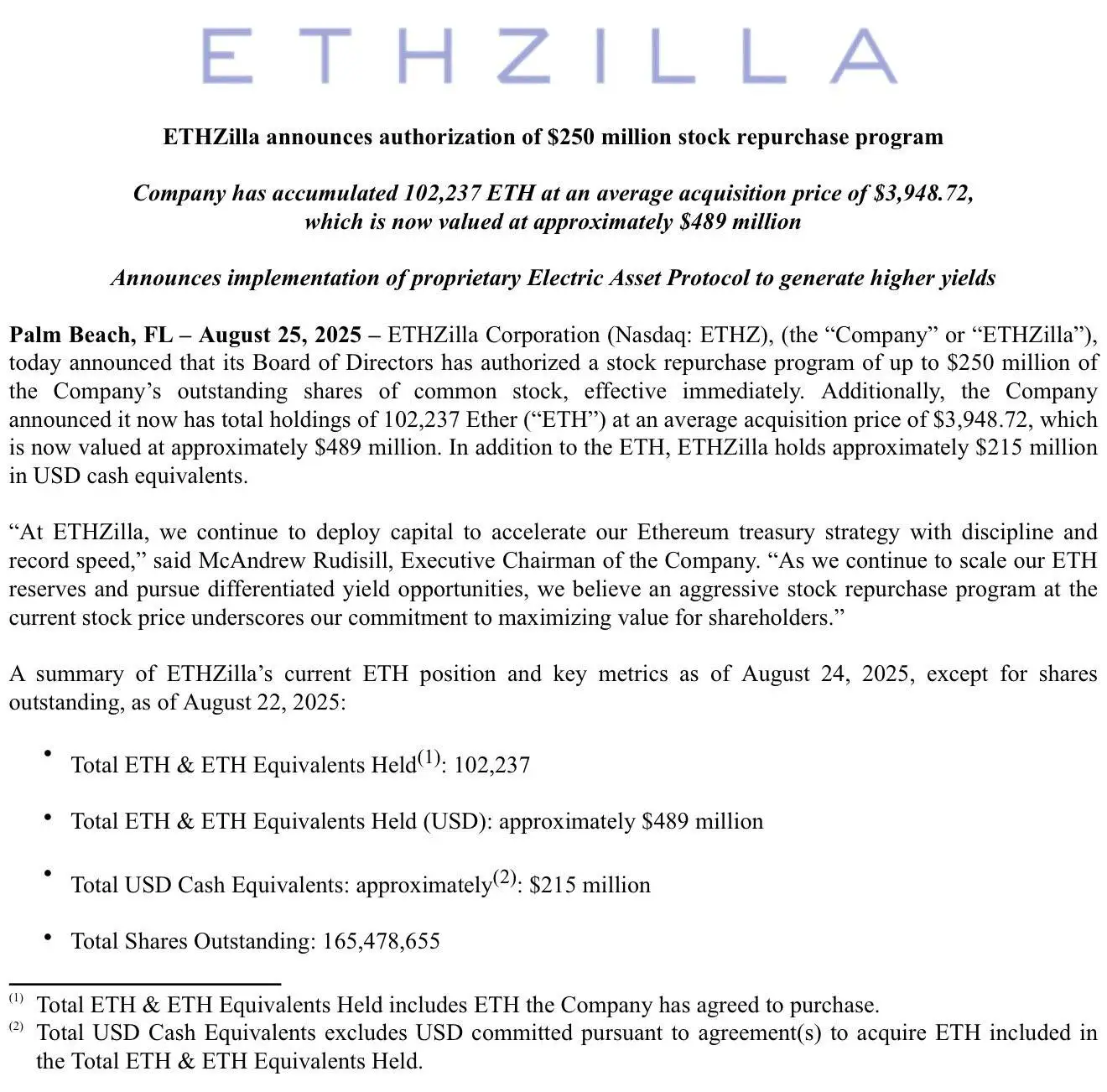  ETHZilla Corporation启动2.5亿美元股票回购计划并强化以太资产储备战略