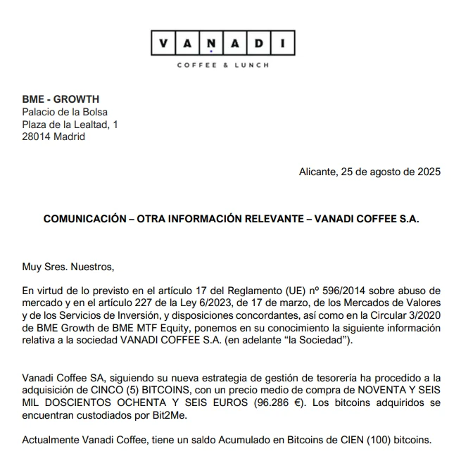  西班牙咖啡连锁店Vanadi Coffee增持5枚比特币，持仓量达100枚