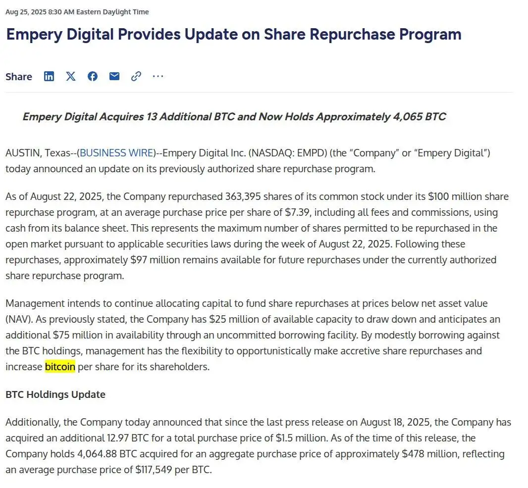  纳斯达克上市公司Empery Digital增持13枚比特币 总持仓达4,065枚
