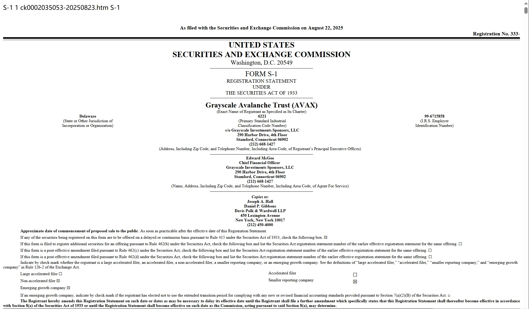  Grayscale向SEC提交Avalanche ETF S-1申请