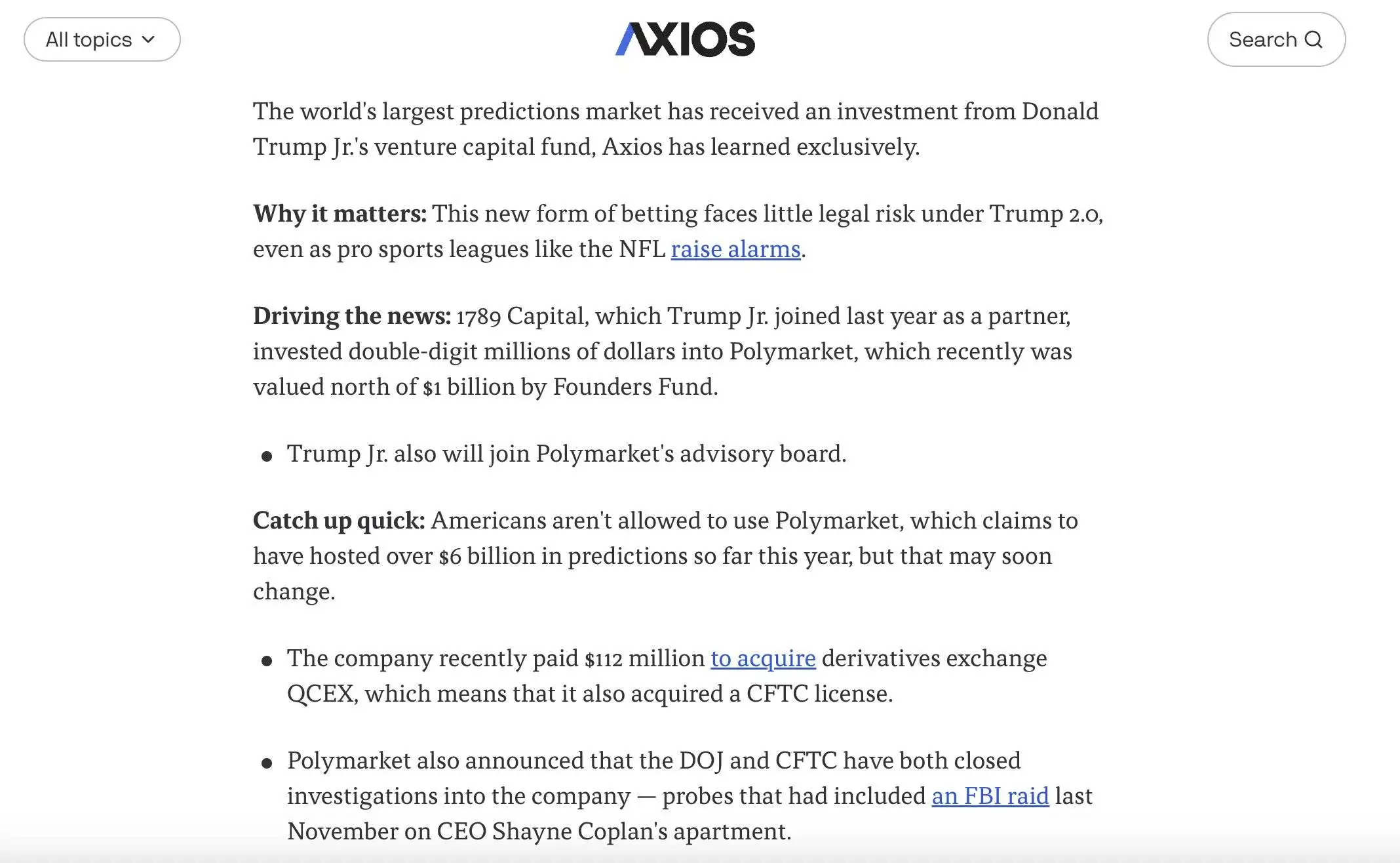  特朗普长子向Polymarket注资数千万美元