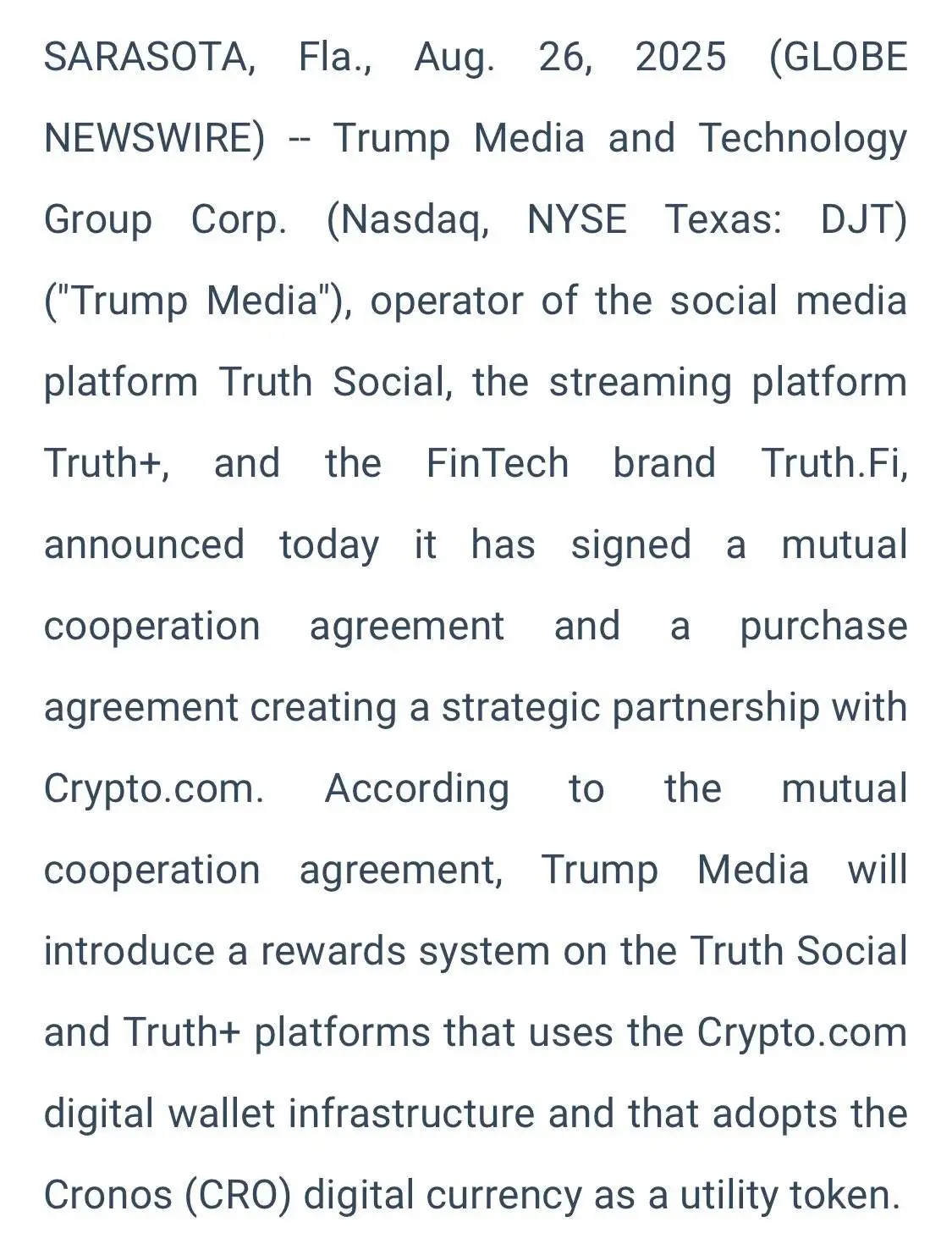  特朗普媒体平台计划集成Crypto.com钱包并整合CRO代币