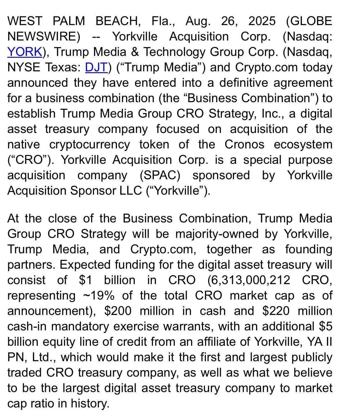  TRUMP MEDIA GROUP首席营收官拟64.2亿美元收购CRO DIGITAL