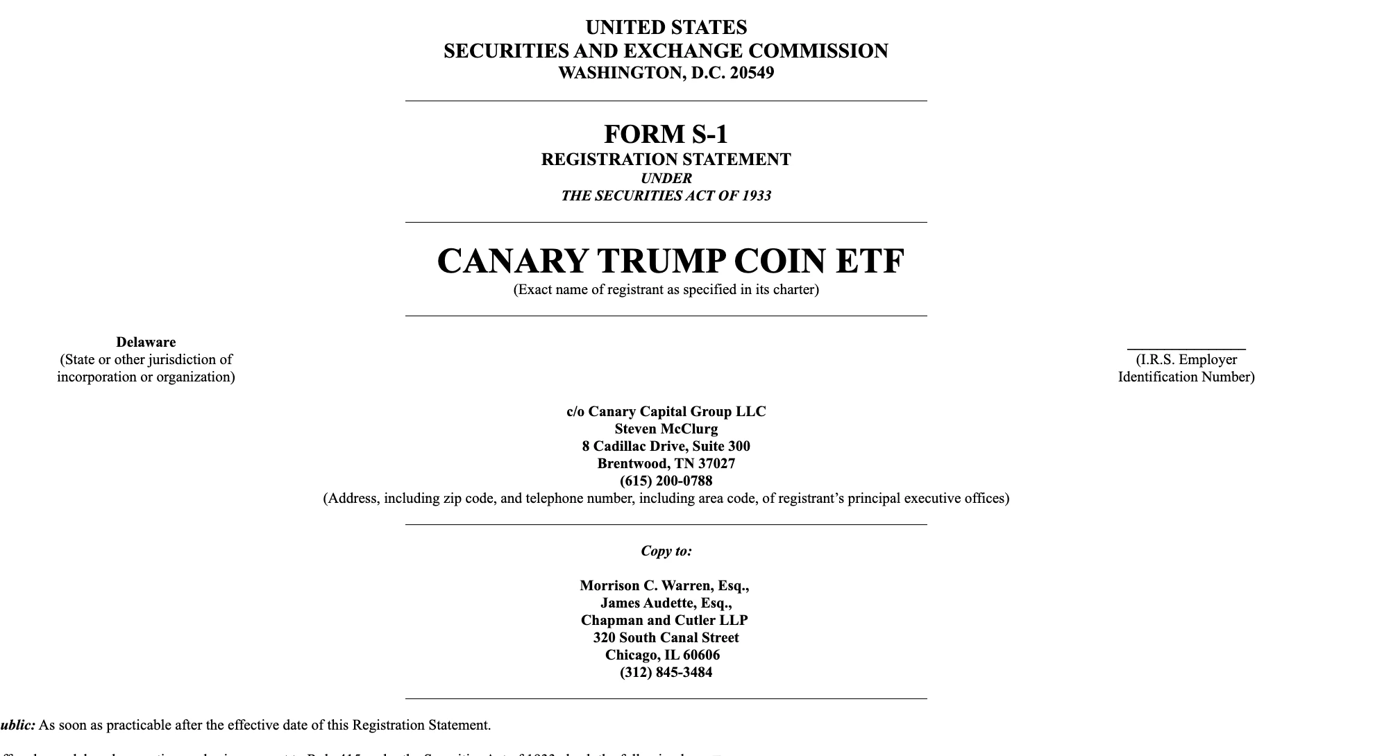  Canary Capital计划推出TRUMP ETF 提交S-1文件待审