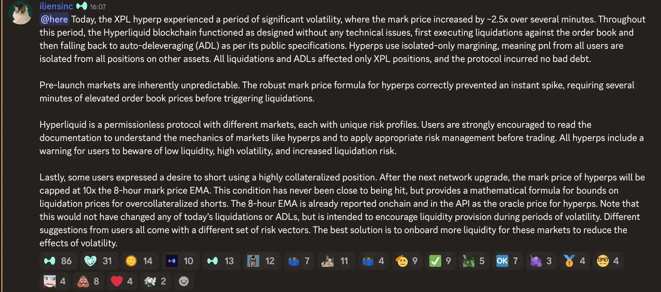  Hyperliquid回应XPL套保狙击事件：否认平台漏洞并限制标记价格波动，某地址操纵获利1600万美元