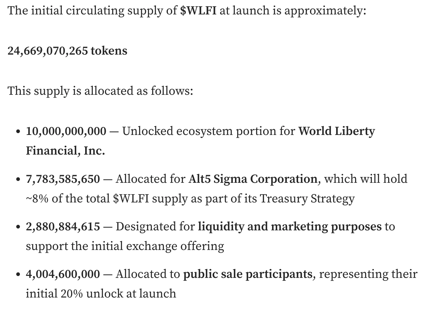  World Liberty Financial公布WLFI代币发行计划：246.69亿枚初始流通供应