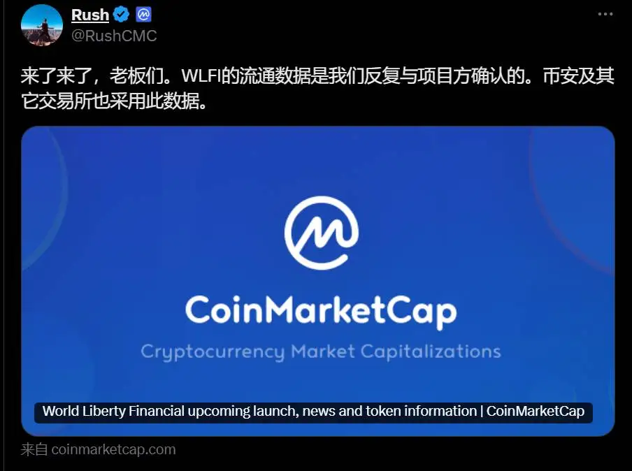  CoinMarketCap CEO确认WLFI流通数据，分析师指出远超预期