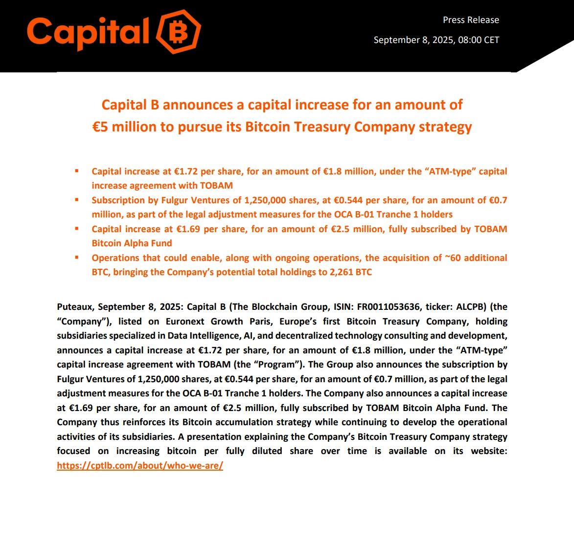  法国上市公司Capital B融资580万美元用于增持60枚BTC