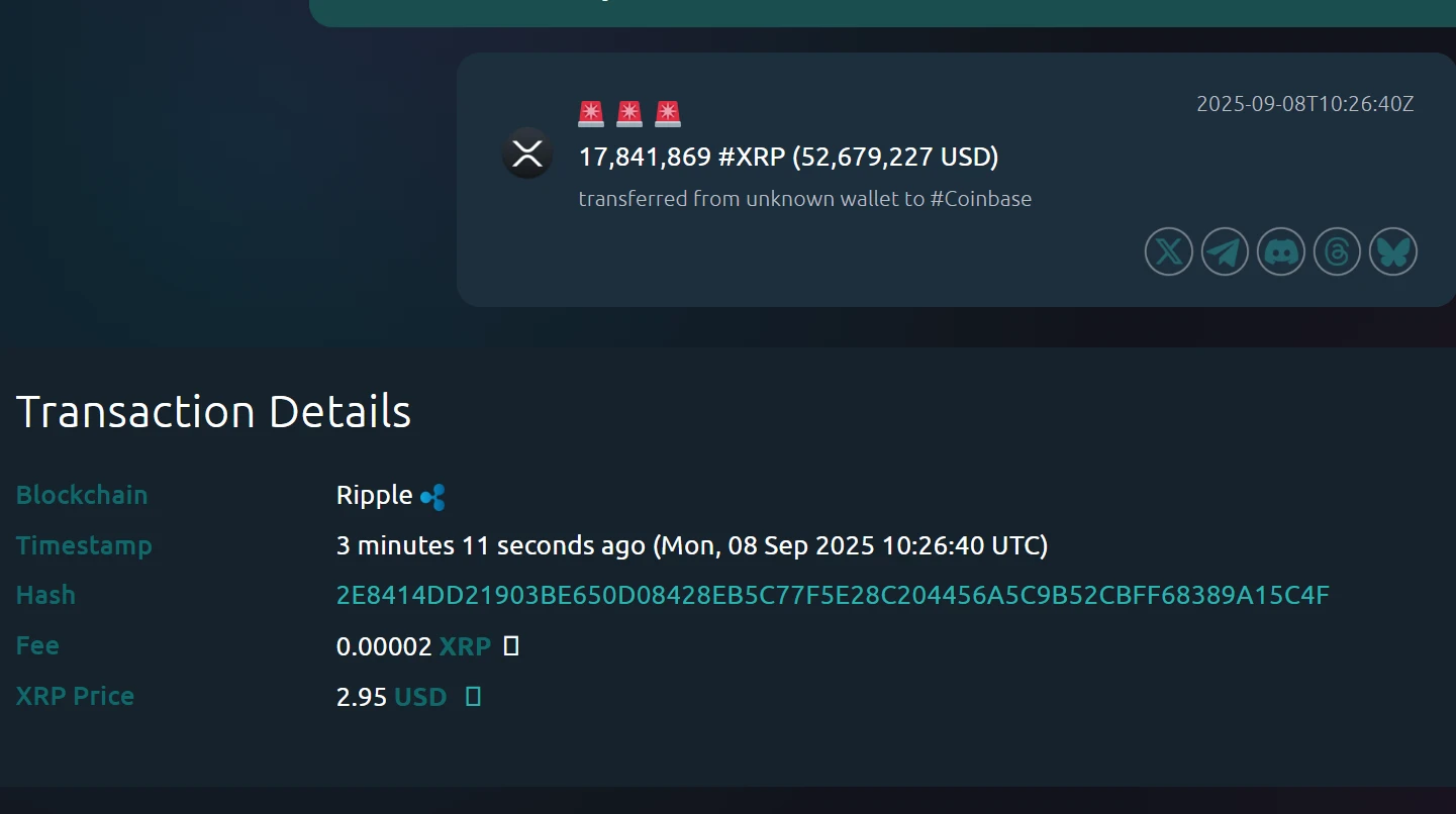  Coinbase交易所9月8日接收1784万枚XRP转帐，Whale Alert监测揭示未知钱包动向