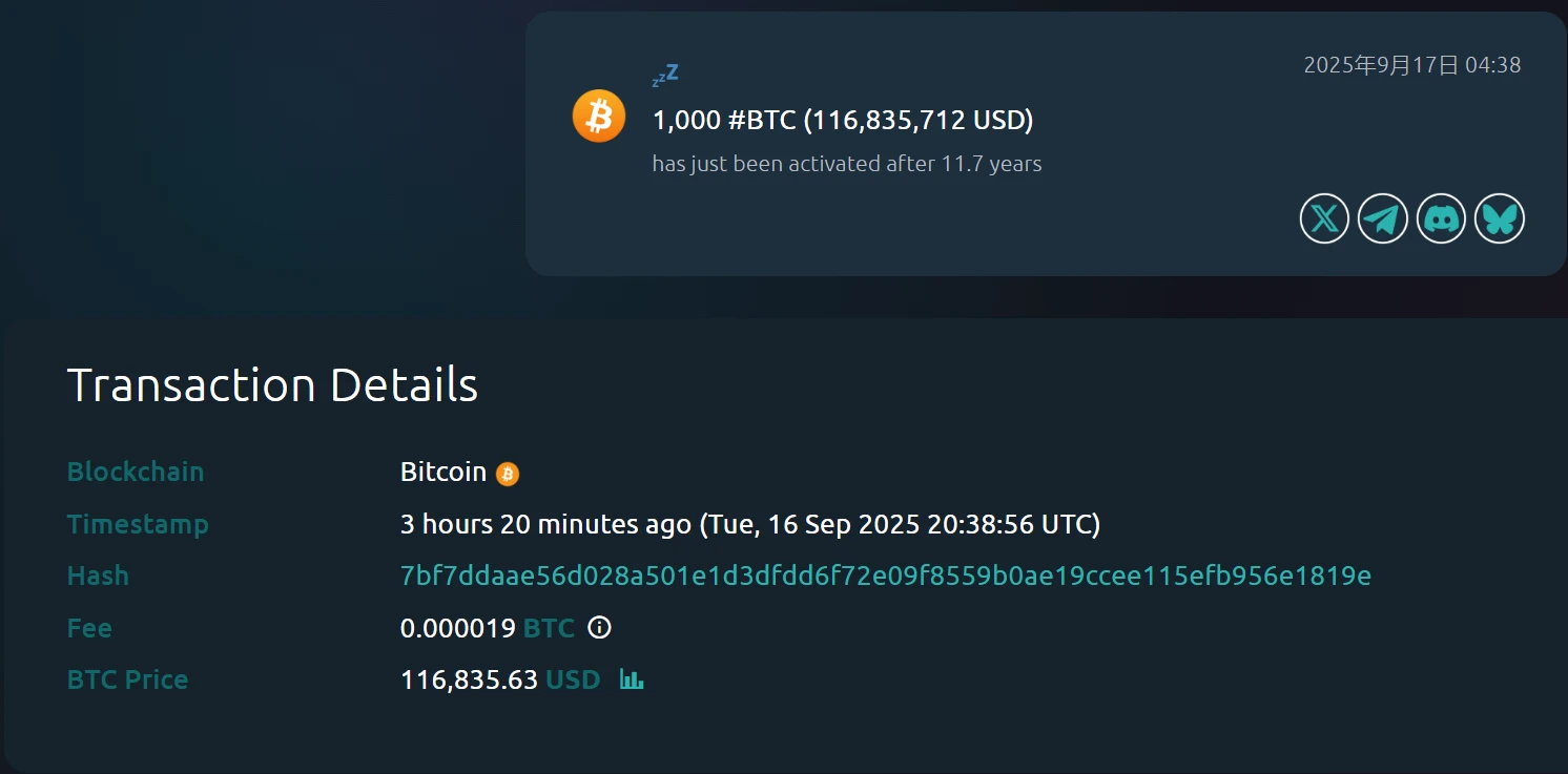  沉寂11.7年比特币地址被激活，持有约1.17亿美元资产