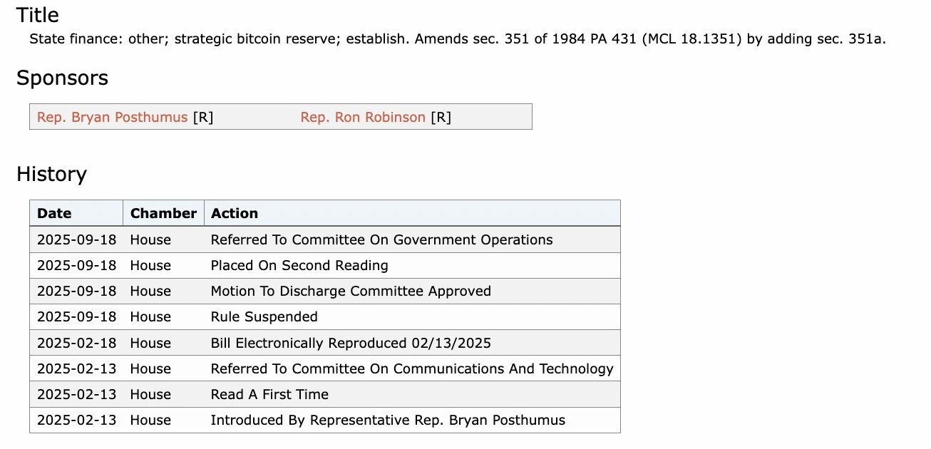  密歇根州比特币储备法案HB 4087进入众议院二读阶段 拟配置10%财政资金投资加密资产